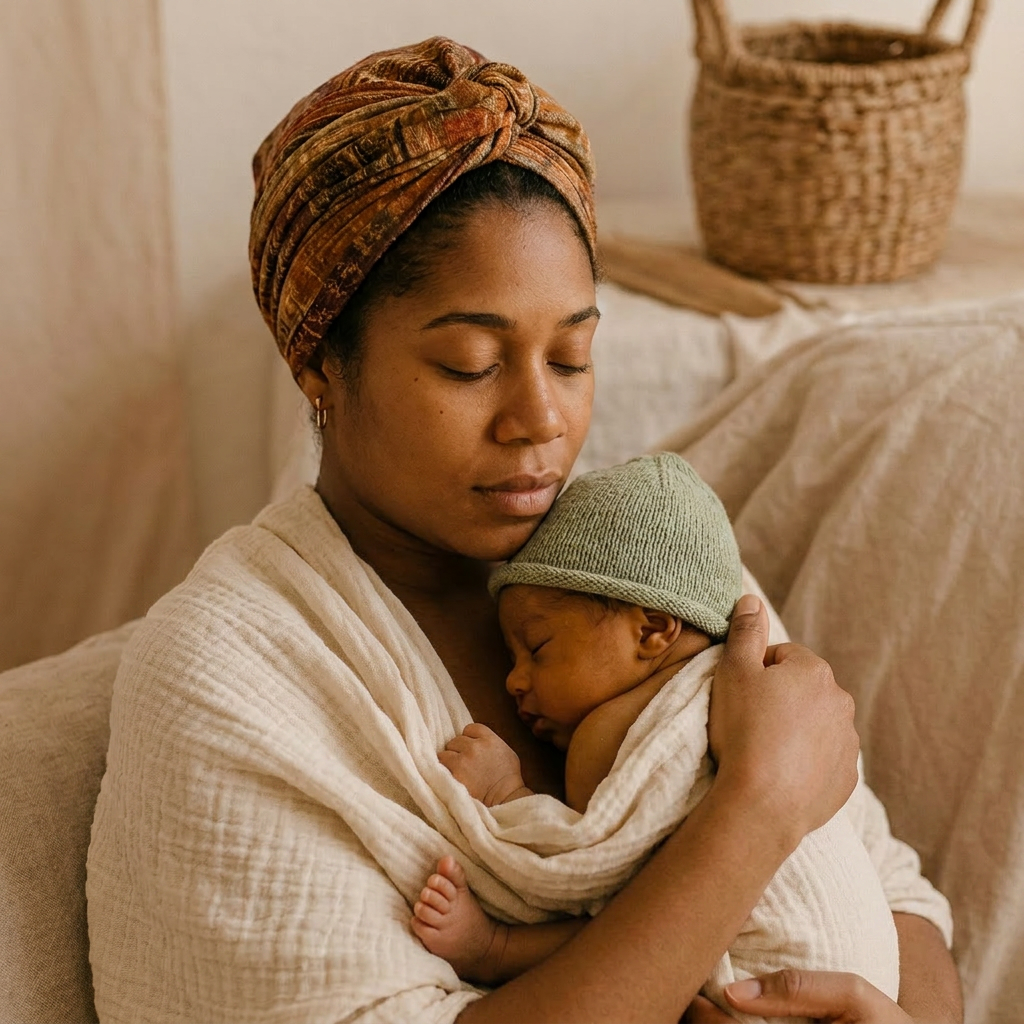 Newborn baby cradled gently with dried flowers
